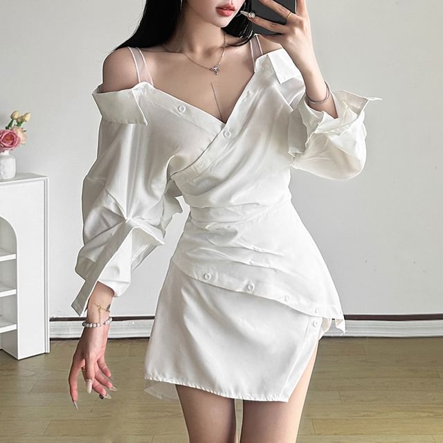 Sugarcoat - 3/4-Sleeve Cold Shoulder Plain Asymmetrical Ruched Mini A-Line  Wrap Dress | YesStyle