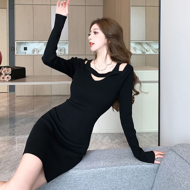 Meowko Long-Sleeve Cutout Plain Knit Mini Bodycon Dress YesStyle