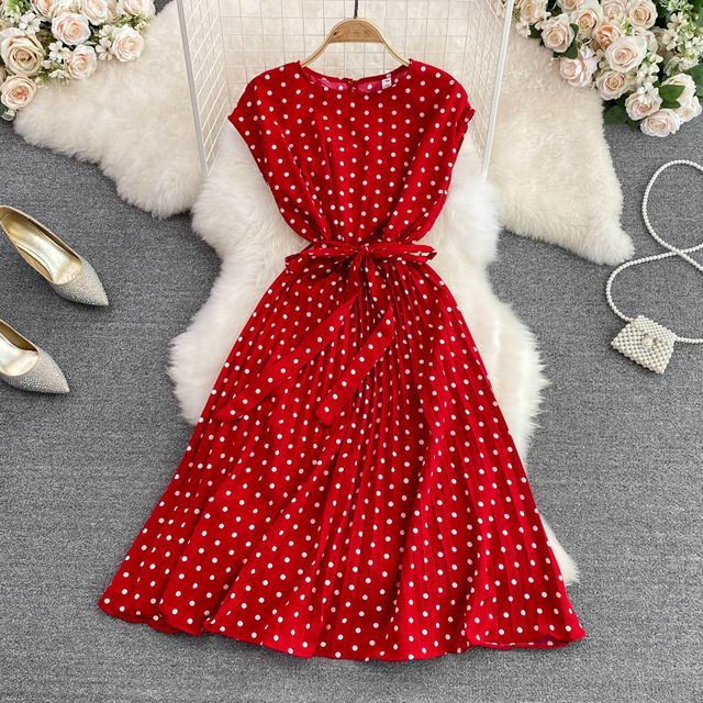 Yearnin - Round Neck Dotted Pleated A-Line Dress with Sash | YesStyle