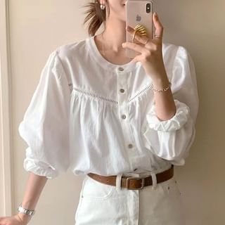 ISSOL-Long-Sleeve Round Neck Plain Eyelet Blouse