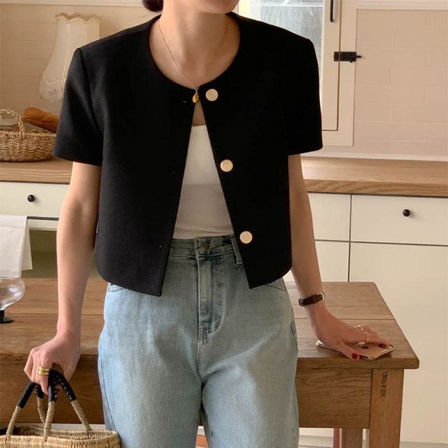 Everose-Short-Sleeve Round Neck Plain Button Jacket