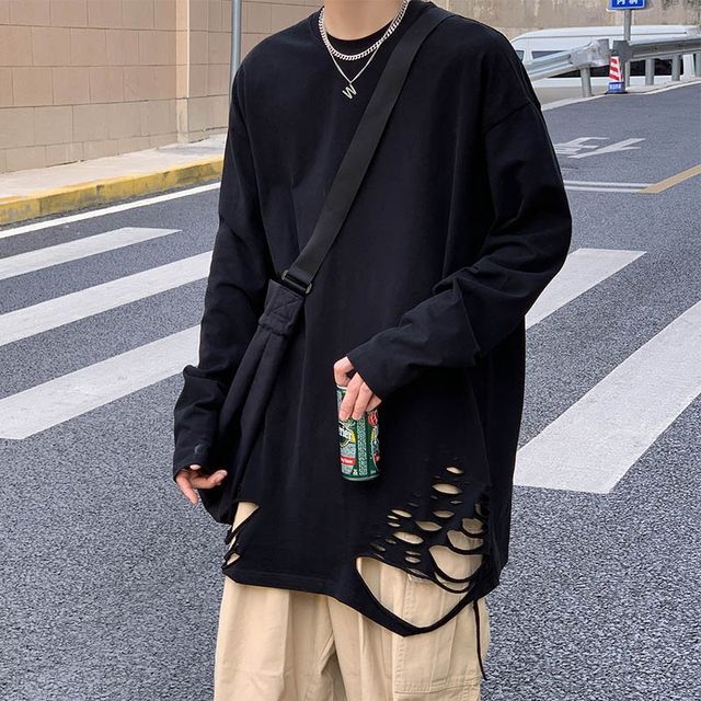 Whyessa-Distressed Oversized Long Sleeve Top