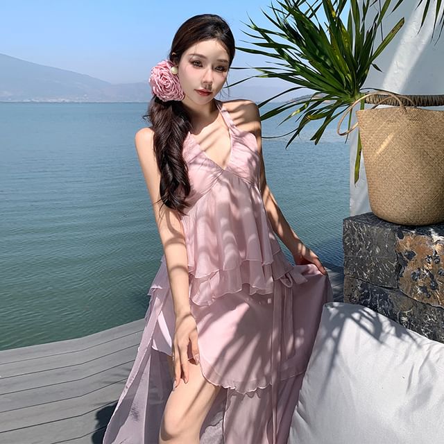 Moanum-Set Halter Plain Asymmetrical Blouse High Rise Side-Slit Maxi A-Line Skirt