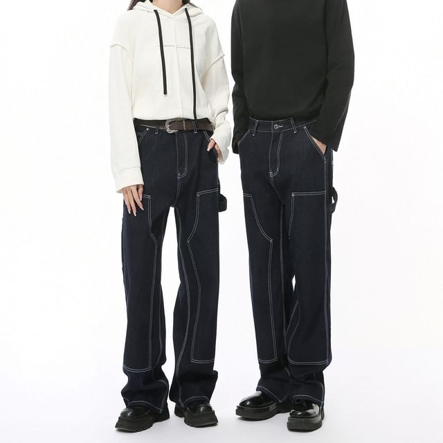 FAERIS-Mid Rise Contrast Stitched Wide Leg Jeans