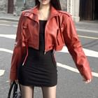 80PERCENT - Stand Collar Plain Faux Leather Zip-Up Crop Biker Jacket ...