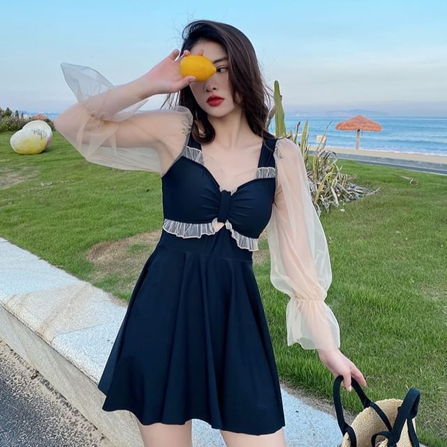 Long-Sleeve Ruffle Trim Swim Dress Long-Sleeve Ruffle Trim Swim Dress