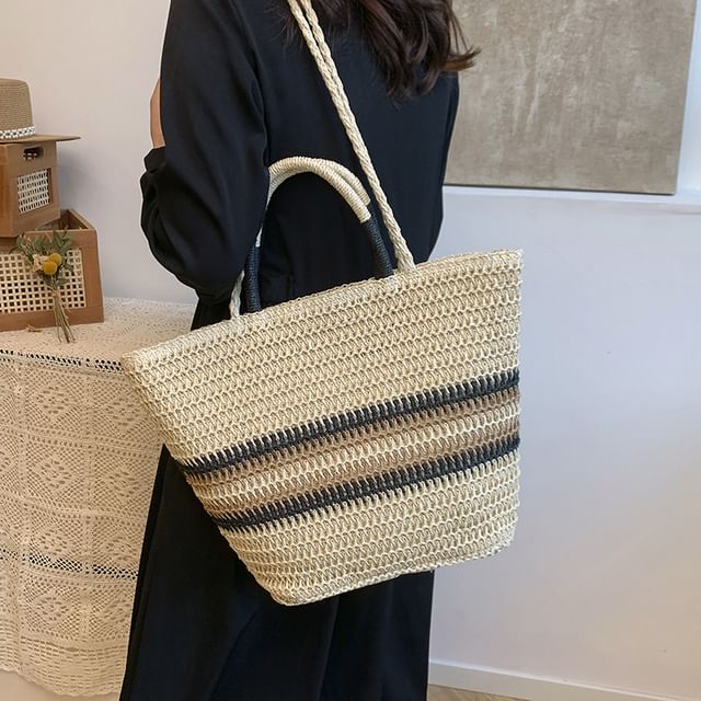 Mulgam-Striped Top Handle Woven Crossbody Bag