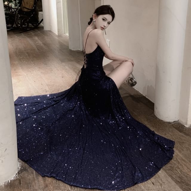 BOHEME Spaghetti Strap V-Neck Glitter Maxi A-Line Dress YesStyle