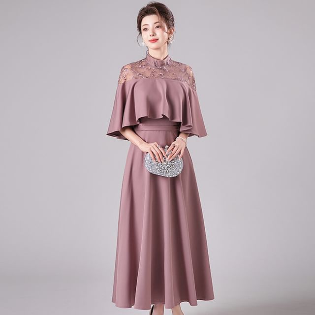 formal dress 3/4 sleeve Elegant Violet 3/4 sleeves High waist Beaded Lace Chiffon Evening Dress, Violet / US2 main image 1