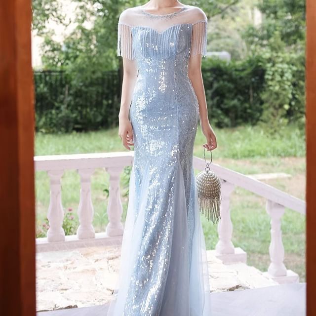 Fioridi-Cap Sleeve Round Neck Plain Sequin Panel Mesh Trumpet Evening Gown