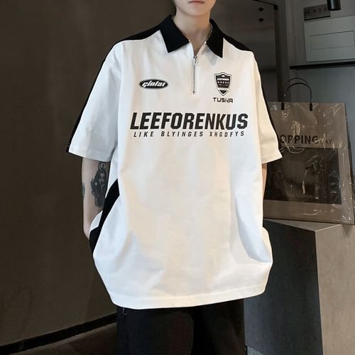 Lingaris - Elbow-Sleeve Half Zip Lettering Two Tone Polo Shirt