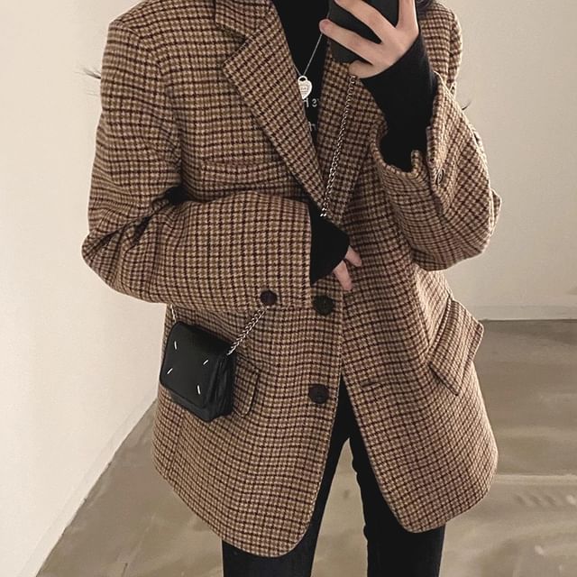 Bubapop-Notch Lapel Houndstooth Single Breasted Blazer
