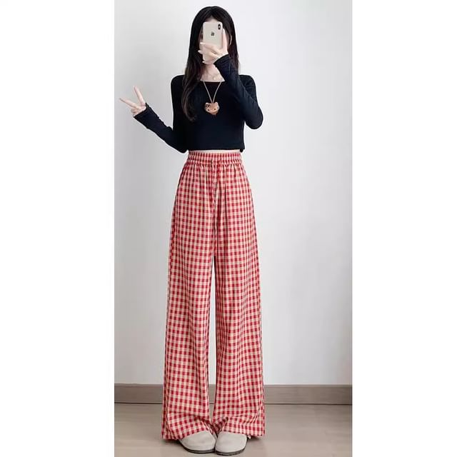 Dovitade-Drawstring Waist Plaid Wide Leg Pants