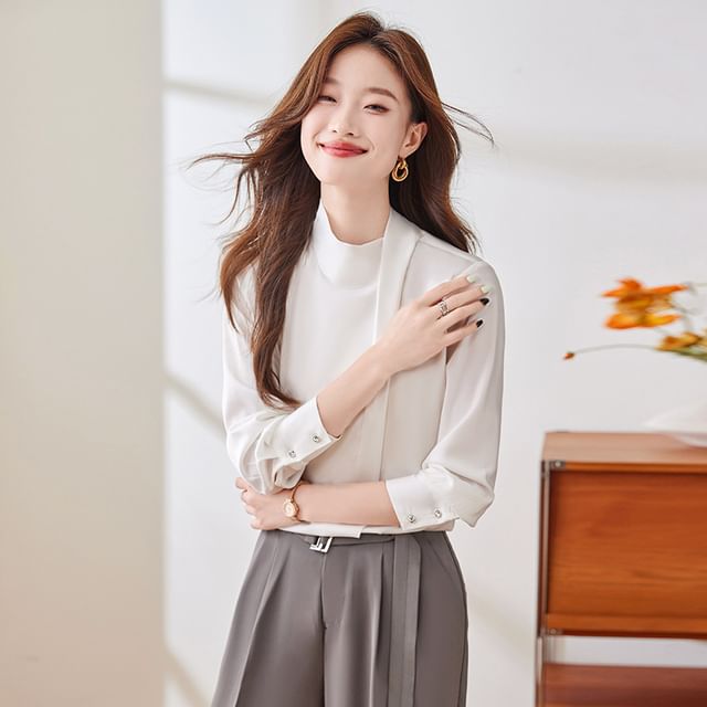 Skyheart-Long Sleeve Stand Collar Plain Blouse