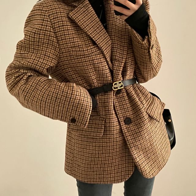Janerium-Lapel Collar Plaid Single-Breasted Blazer