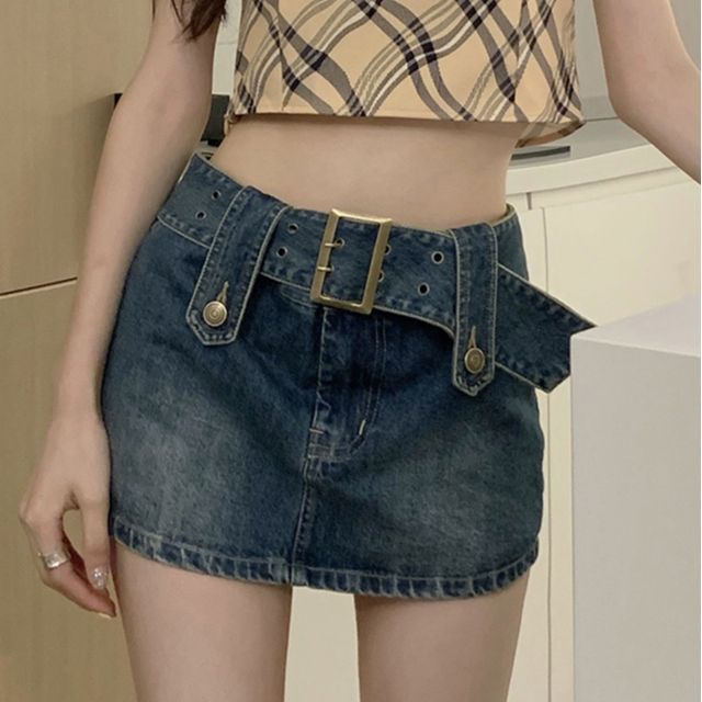 monroll-High Rise Denim Mini Pencil Skirt