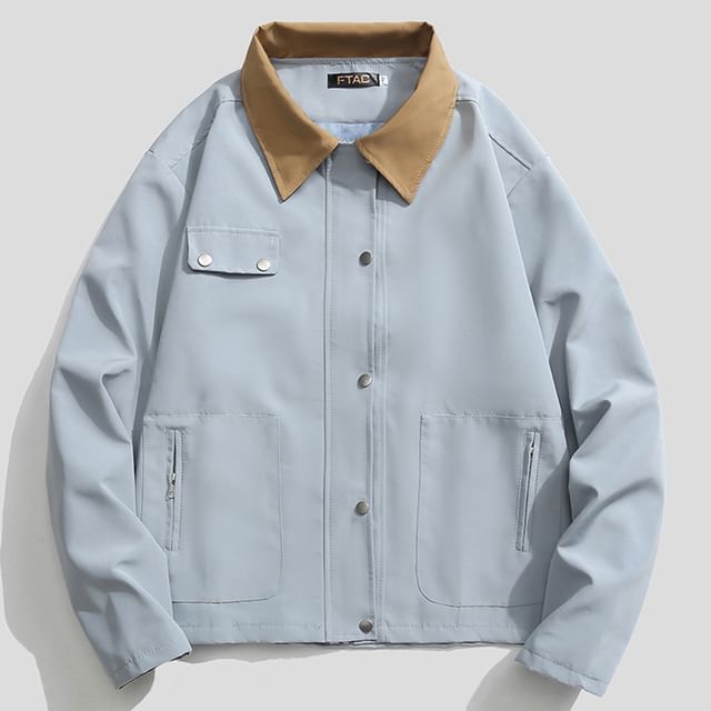 purplelouve-Contrast Collar Plain Button Jacket