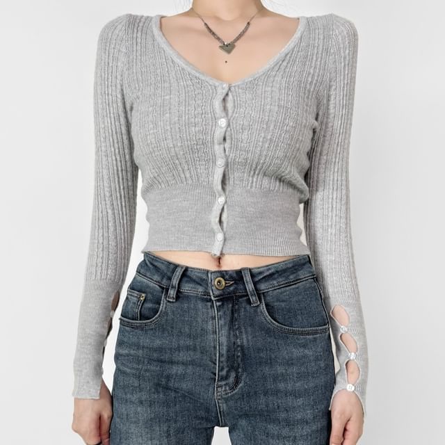 Ulark-V-Neck Plain Ribbed Cardigan