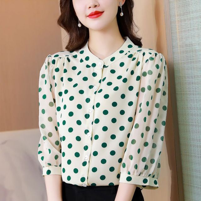 Everose 3/4-Sleeve V-Neck Dotted Chiffon Blazer YesStyle