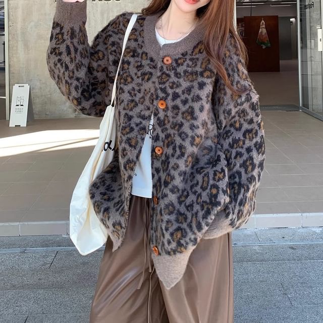 Trendycas-Round Neck Leopard Print Cardigan Drawstring Waist Plain Faux Leather Baggy Pants