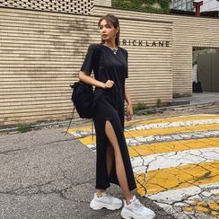 LIPHOP - Deep-Slit Maxi T-Shirt Dress LIPHOP - Deep-Slit Maxi T-Shirt Dress