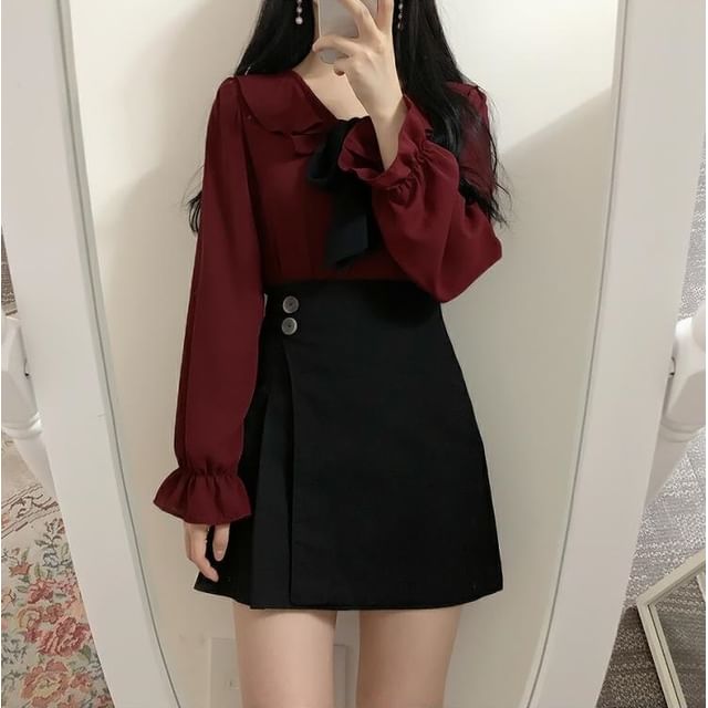 KiTi - Long-Sleeve Ruffle Tie-Neck Blouse / A-Line Mini Skirt