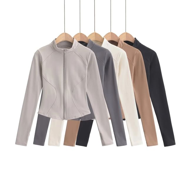 Asiris-Stand Collar Plain Zip Cropped Jacket