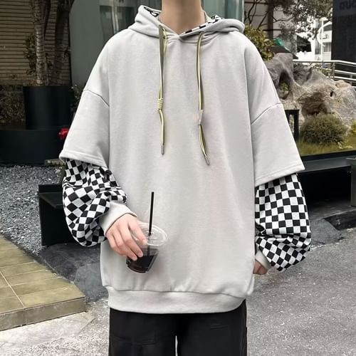 Mock Two Piece Long Sleeve Checkerboard Paneled Hoodie