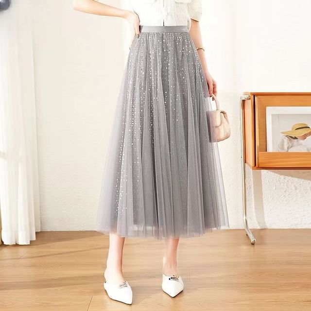 Everose-High Rise Sequin Mesh Midi A-Line Skirt