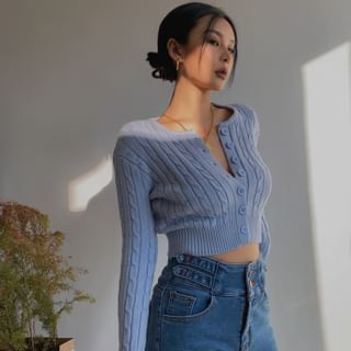 Colada Cable Knit Button Up Crop Top