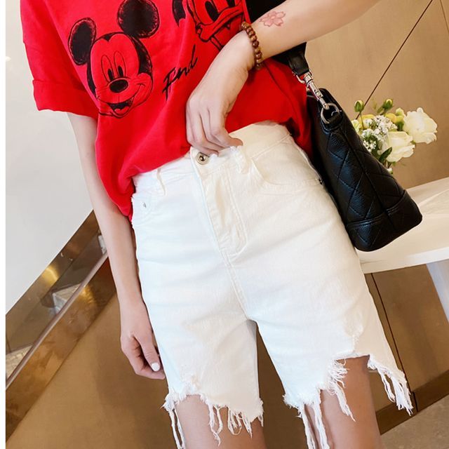 Everose-Mid Rise Distressed Irregular Denim Shorts