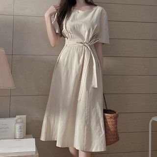 Brigitte - Tie-Waist Elbow-Sleeve Midi A-Line Linen Dress | YesStyle