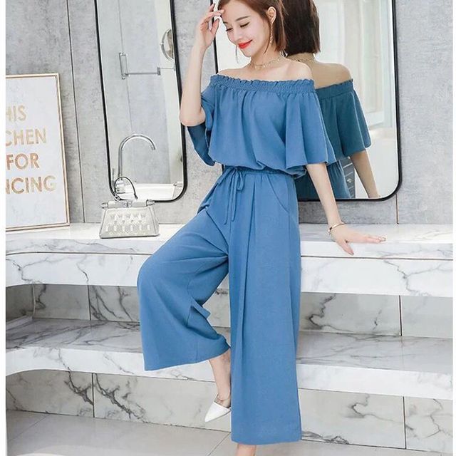 Everose-Set Short-Sleeve Off Shoulder Plain Frill Top Drawstring Waist Wide Leg Pants