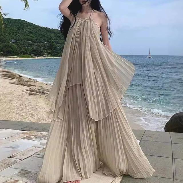 Omibayo-Set Halter Neck Plain Asymmetrical Pleated Open Back Long Top High Waist Maxi A-Line Skirt