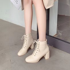 Red Wolf - Chunky Heel Lace-Up Short Boots Red Wolf - Chunky Heel Lace-Up Short Boots