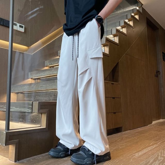 POSI-Drawstring Waist Plain Wide Leg Cargo Pants