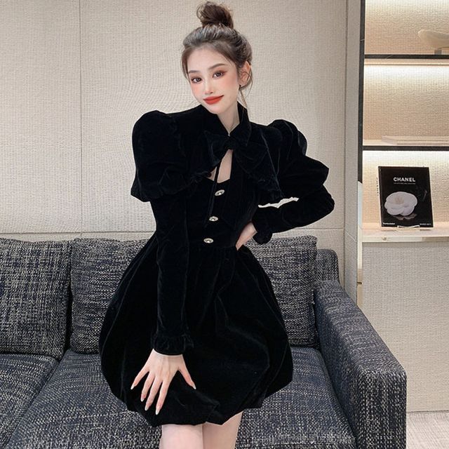 WOW!NITE - Stand Collar Bolero Jacket / Spaghetti Strap Mini A-Line Dress |  YesStyle