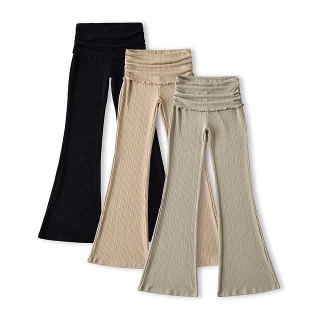 Asiris-High Waist Plain Shirred Lettuce Edge Flared Pants