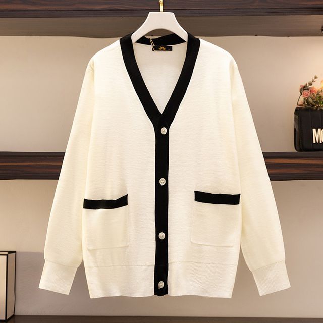 Contrast Trim Pockets Button Cardigan