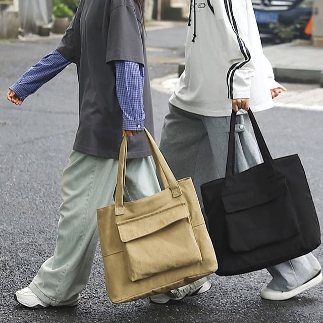 Hikuozy-Plain Flap Pocket Canvas Tote Bag