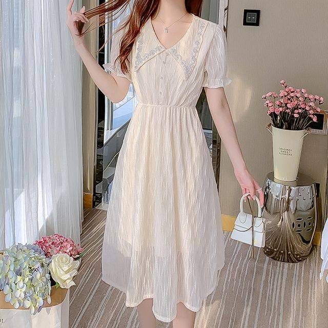 BEAUSY Short-Sleeve Beaded Midi Dress YesStyle