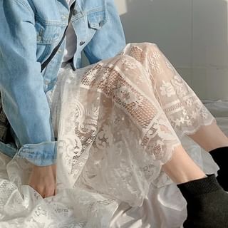 MIKIGA Elastic Waist Plain Lace Midi A Line Skirt