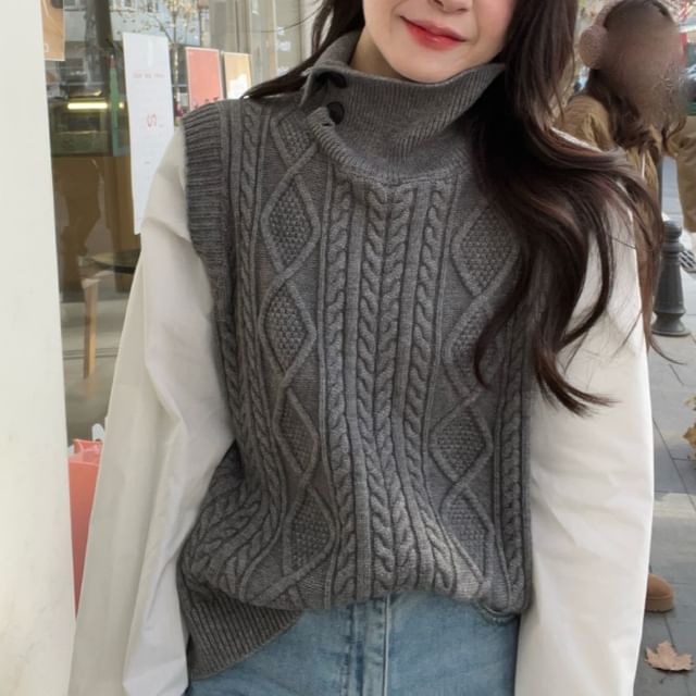 ANORA-Mock Two-Piece Long-Sleeve Turtleneck Cable Knit Panel Top