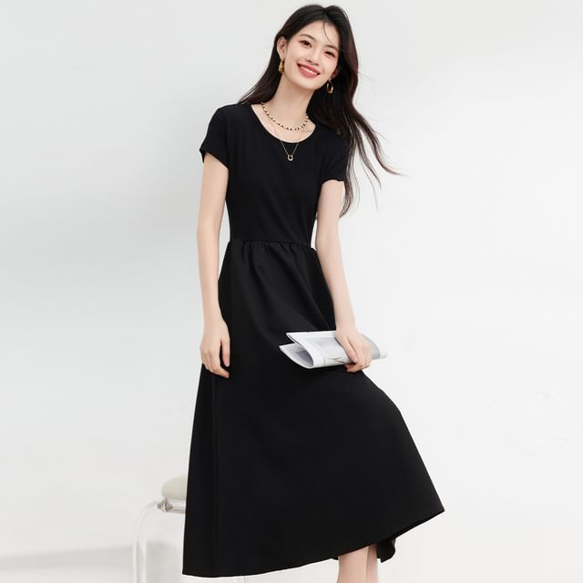 Jeonseon - Short-Sleeve Crew Neck Plain Midi A-Line Dress | YesStyle