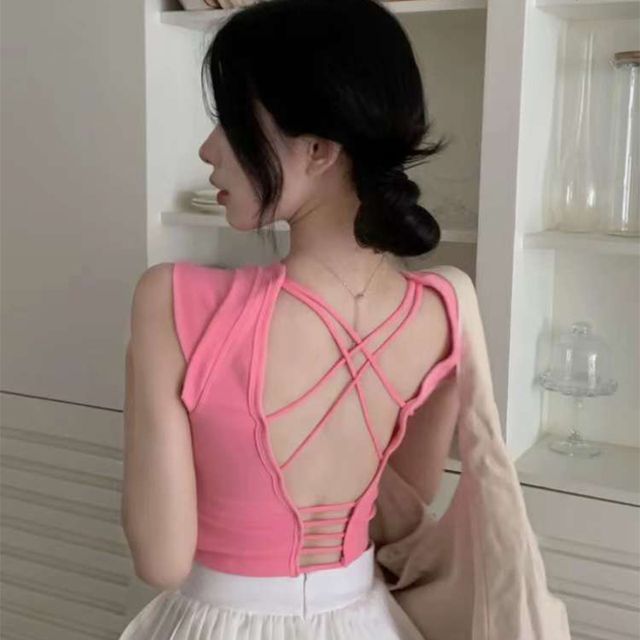 Everose-Scoop Neck Plain Open Back Crop Tank Top