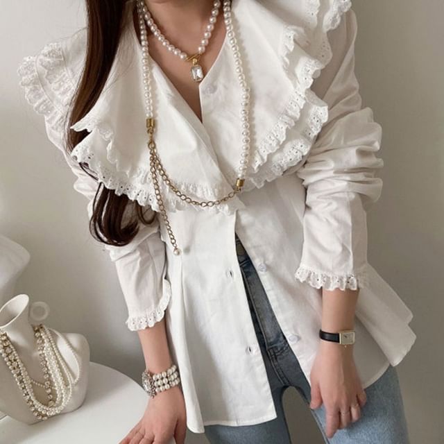 Coris-Long Sleeve Ruffle Layered Collared Plain Blouse