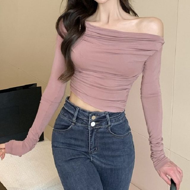 Cloud Nine-Off-Shoulder Plain Shirred Crop Tee