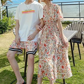 Tabula Rasa - Couple Matching Short-Sleeve Floral Print Midi A-Line Dress / Shorts / T-Shirt