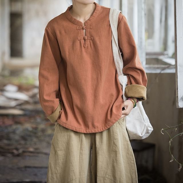 Lewwe-Long-Sleeve Stand Collar Plain Frog Buttoned Ramie Blouse