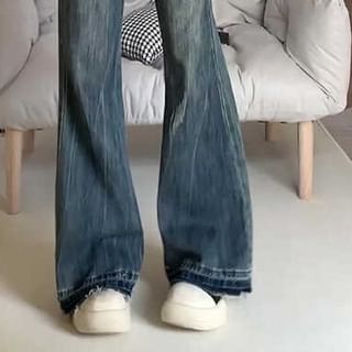Yako-High Waist Washed Flared Jeans